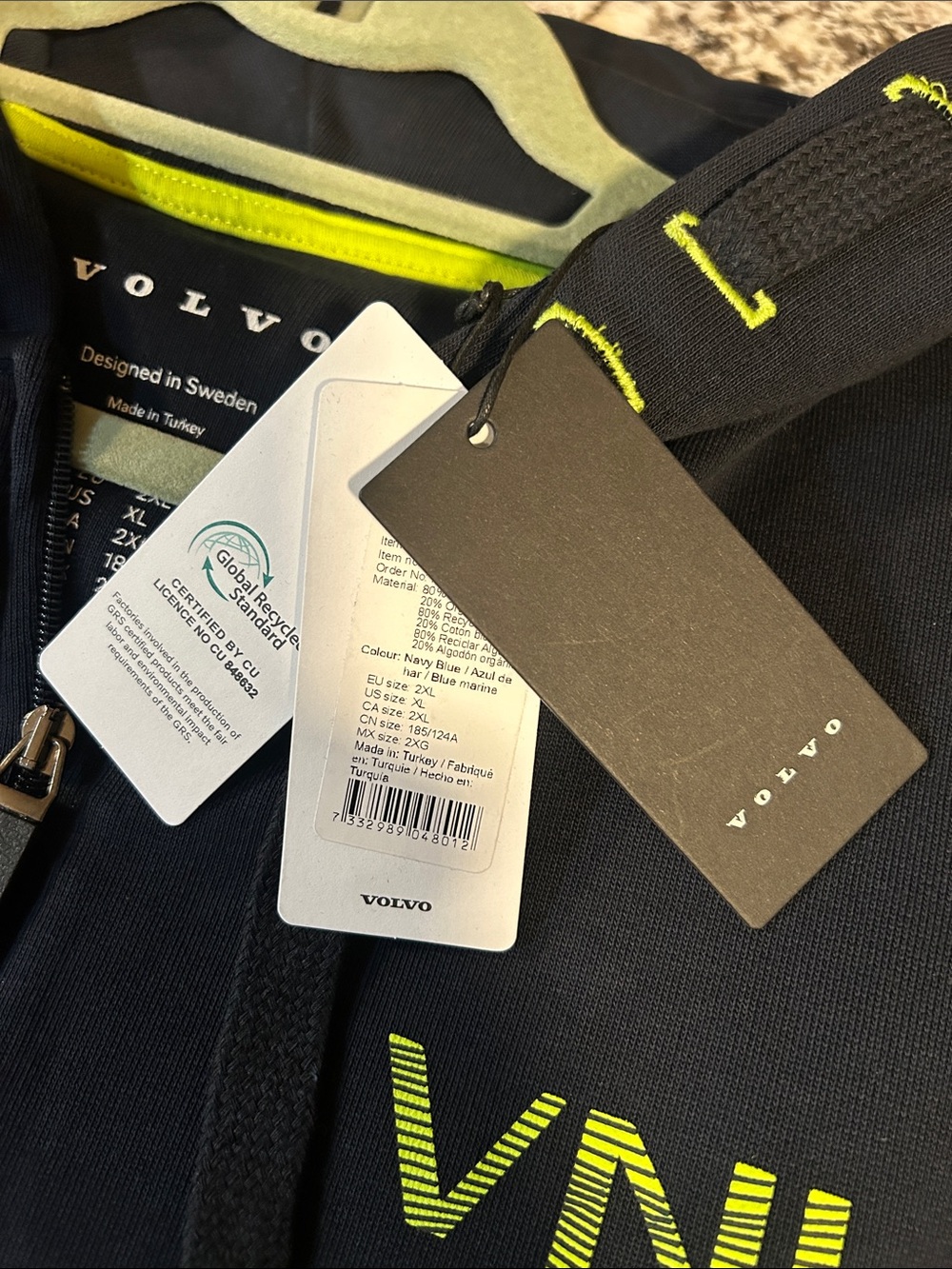Volvo VNL Men's Navy Zip-Up Windbreaker Hoodie with Neon Yellow Accents - Picture 10 of 11